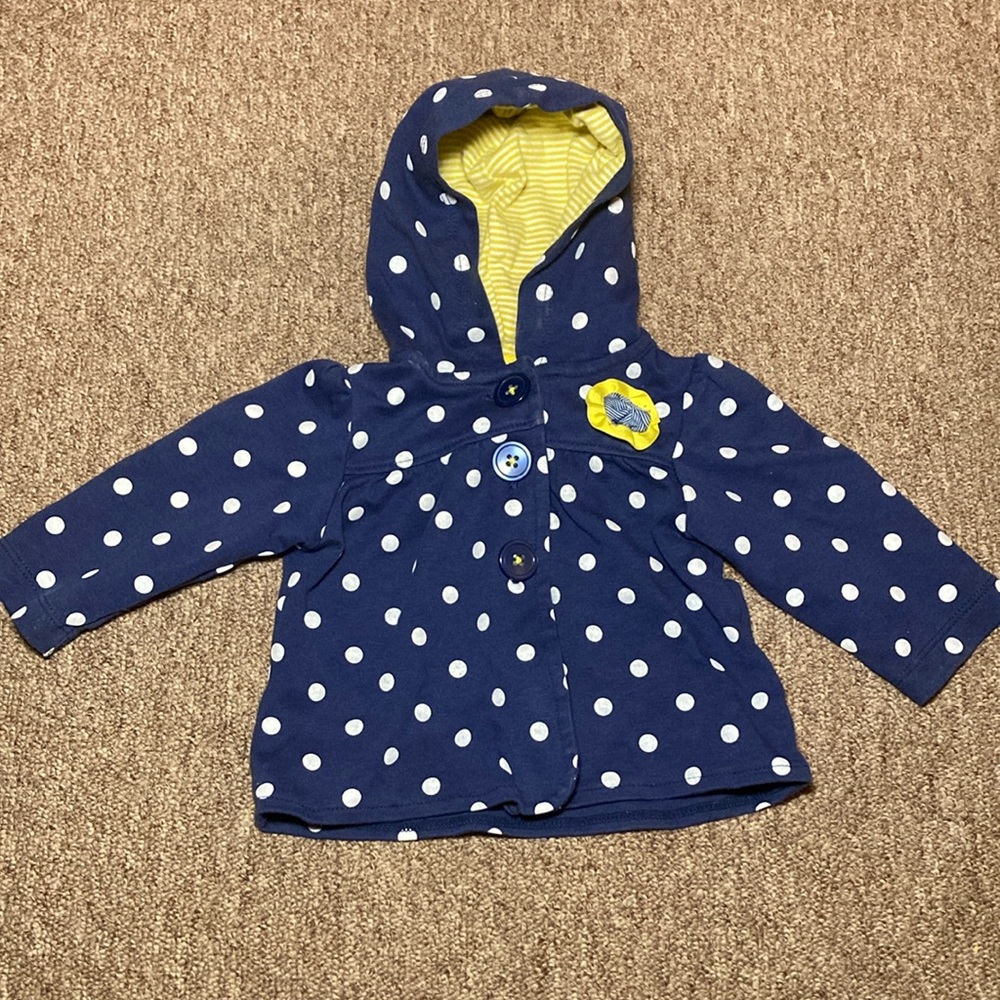 ❤️Carter's Navy Polka Dot Hooded Jacket with Yellow Lining - Picture 1 of 9